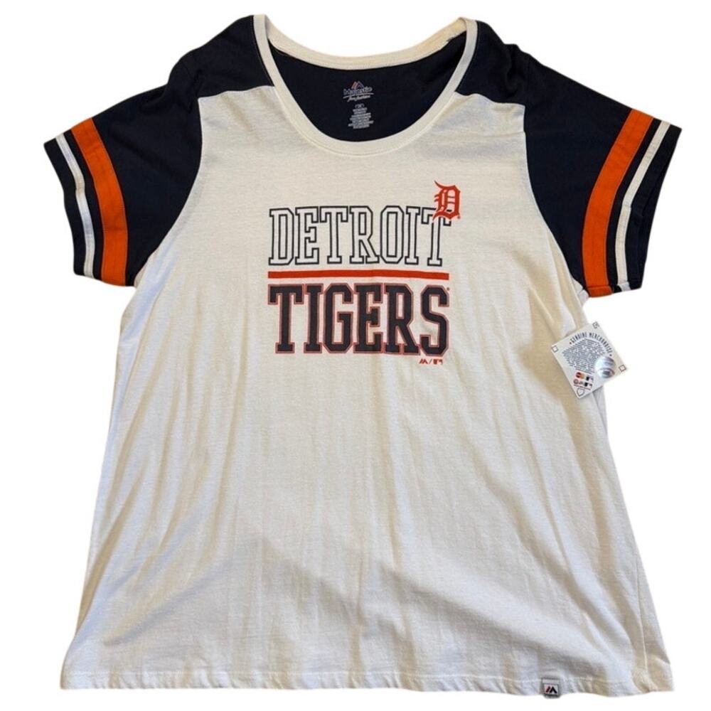 Detroit Tigers MLB Majestic New with tags striped sleeves white blue shirt 2xL